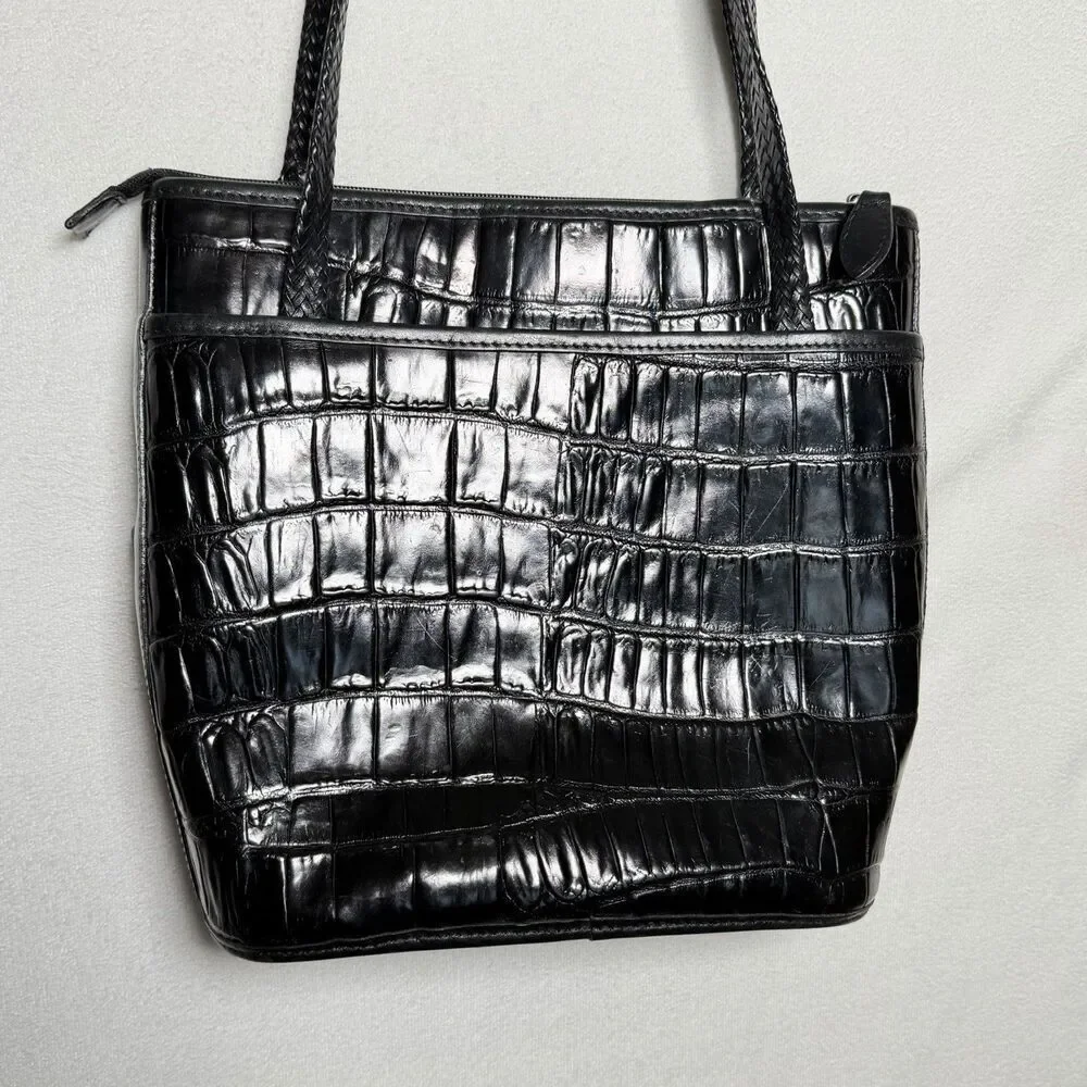 Brighton Black Faux Croc Embossed Shoulder Bag Vintage Plaid Lining Heart Charms